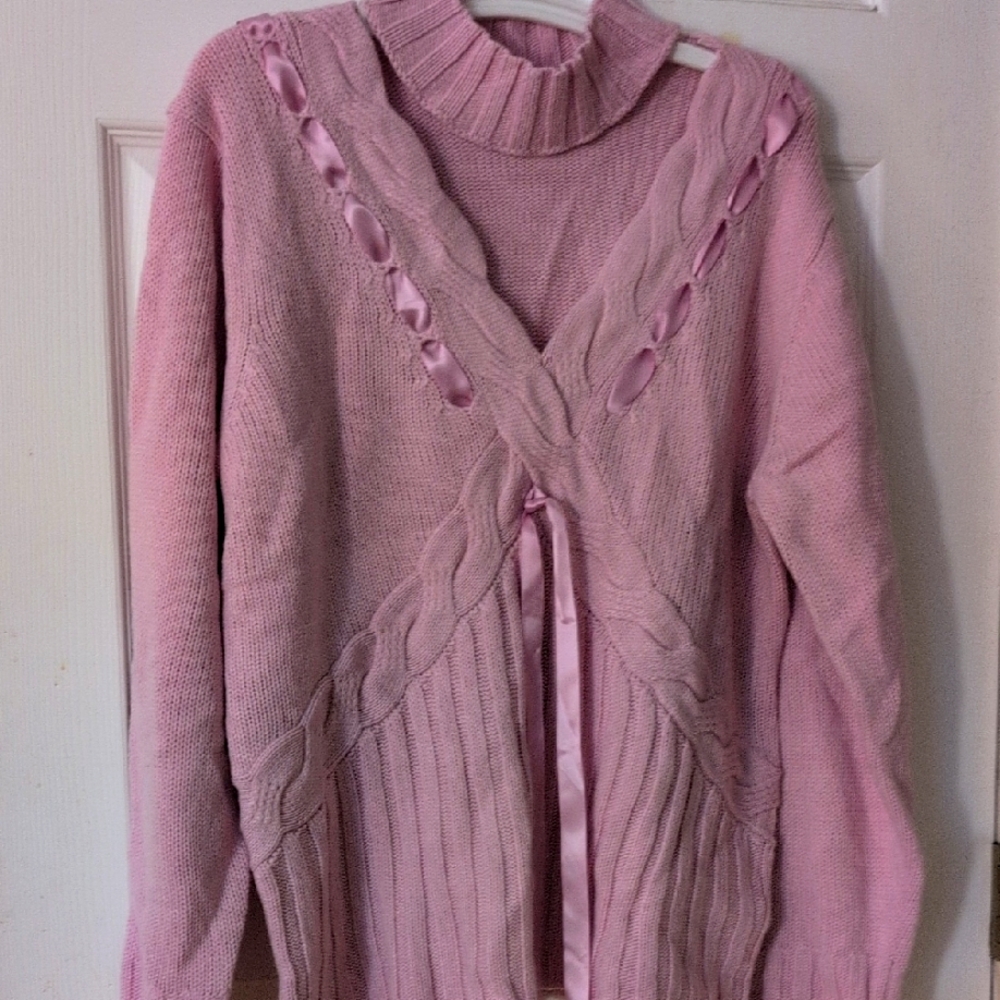 VENUS Pink Turtleneck With Open Chest Cable Knit Sweater